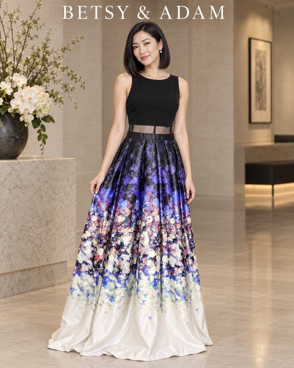 Betsy & Adam Size 4 Black Floral Ombré Illusion Waist Formal Maxi Gown